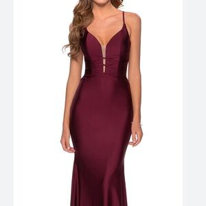 La Femme Fitted Jersey Gown Size 4 Women Deep V Neck Lace Up Back In Dark Berry